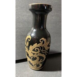 Black & Embossed Raised Gold Oriental Design On Vase 9 1/4” Tall